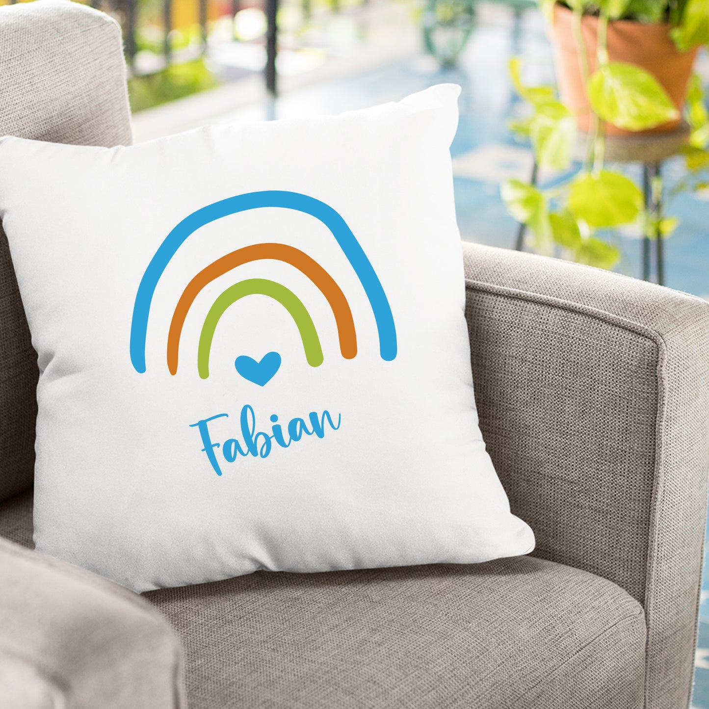 Babykissen - Regenbogen mit Herz - Blau - Personalisiert mit Namen - Fulima
