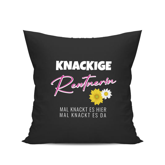 Ruhestand Kissen - Knackige Rentnerin mal knackt es hier mal da - Spruch - Geschenk zur Rente Schwarz - Fulima