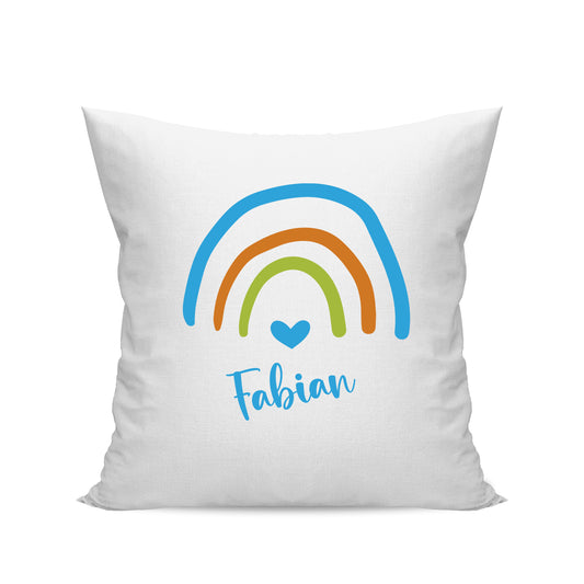 Babykissen - Regenbogen mit Herz - Blau - Personalisiert mit Namen Weiß - Fulima