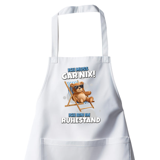 Rentner Grill- Kochschürze - Ich muss gar nix - Teddy im Liegestuhl Weiß - Fulima