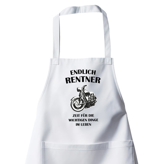 Rentner Grill- Kochschürze - Endlich Renter - Motorrad - Zeit für die wichtigen Dinge im Leben - Rente Geschenk Weiß - Fulima