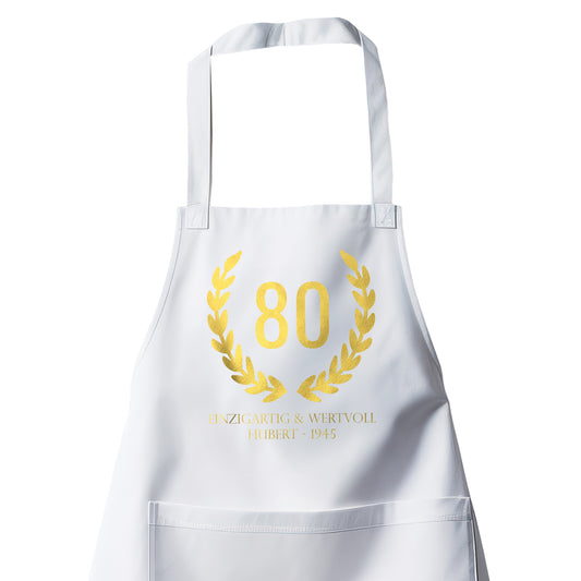 80 Jahre Lorbeerkranz Einzigartig und Wertvoll mit Namen - Grill- und Kochschürze Weiß - Fulima