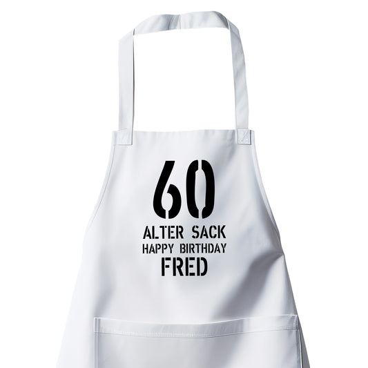 60 Alter Sack Happy Birthday mit Namen - Geburtstag Schürze Weiß - Fulima