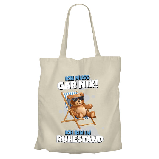 Jutebeutel Renter - Ich muss gar nix - Teddy im Liegestuhl - Rente Geschenk Beige - Fulima