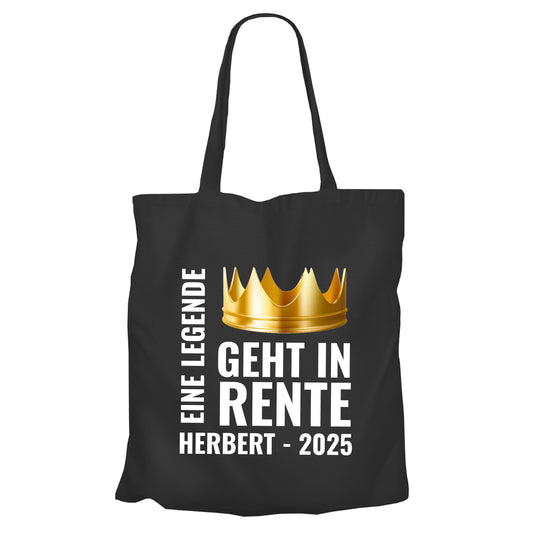 Jutebeutel Renter - Eine Legende geht in Rente - Krone mit Namen - Geschenk zur Rente Schwarz - Fulima