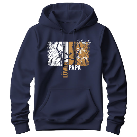 Papa Hoodie - Löwenpapa mit Namen der Kinder - Geschenk Papa Navy - FULiMA®