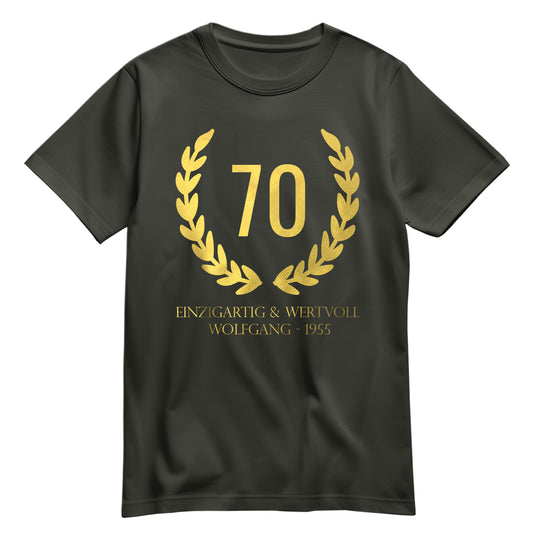 70 Jahre Lorbeerkranz Einzigartig und Wertvoll mit Namen - Geburtstag Shirt Khaki - FULiMA®