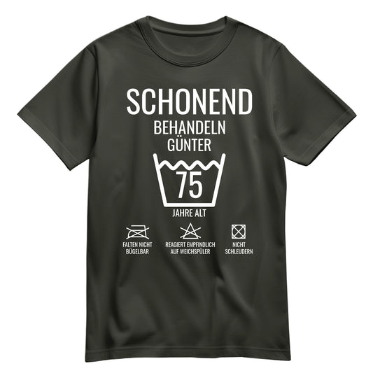 Schonend behandeln – 75 Jahre alt - Geburtstagshirt mit Namen Khaki - FULiMA®