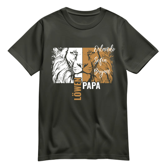 Papa T Shirt - Löwenpapa mit Namen der Kinder - Geschenk Papa Khaki - FULiMA®