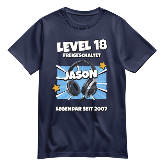 Geburtstagsshirt - Level 18 freigeschaltet - Legendär - mit Namen Navy - FULiMA®