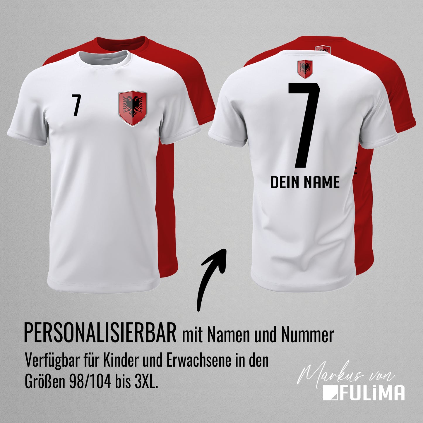 Albanien Shirt mit Wappen und individueller Nummer & Name - FULiMA®