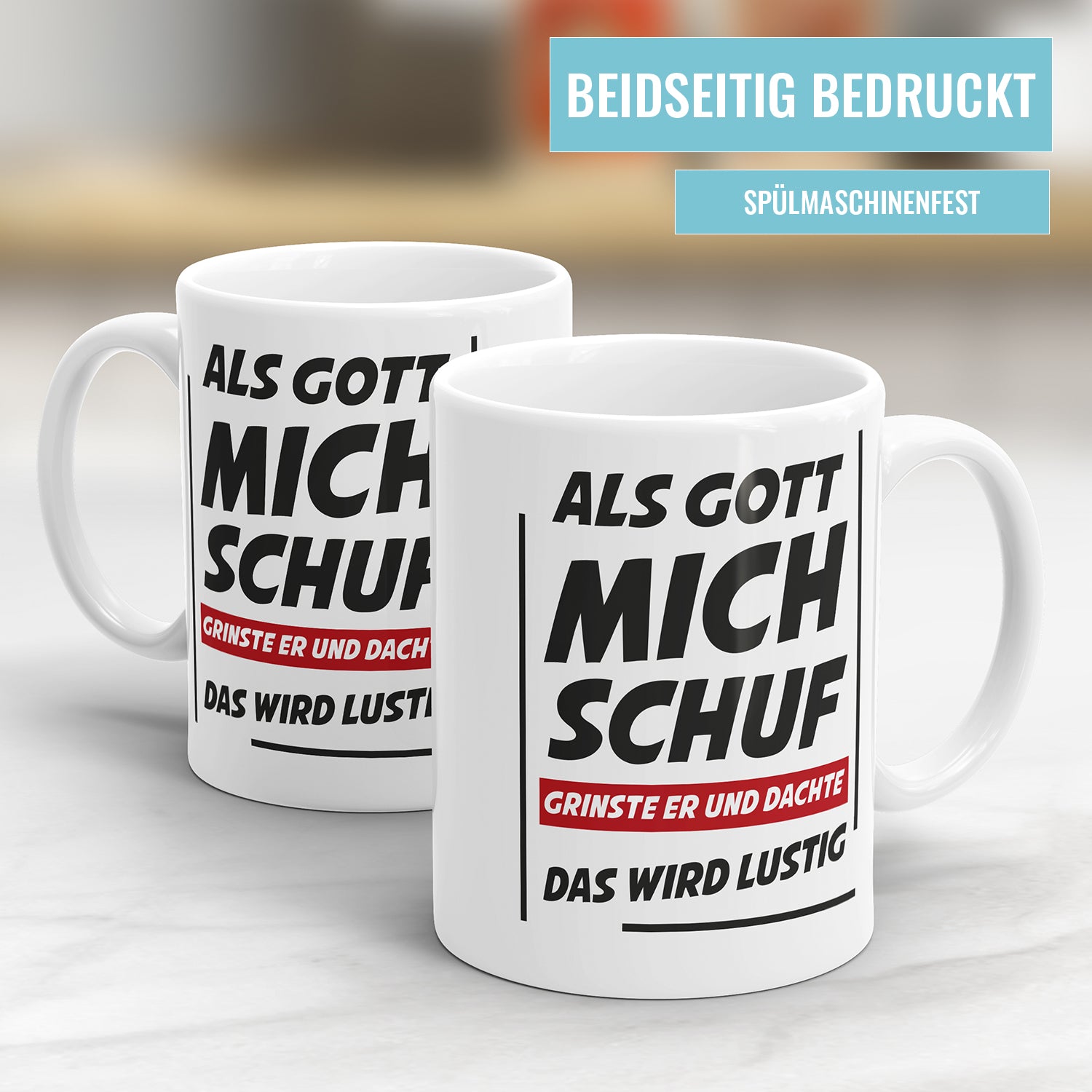 Lustige Sprüche Tasse - "Als Gott mich schuf, grinste er und dachte: Das wird lustig" - Geschenkidee - Fulima