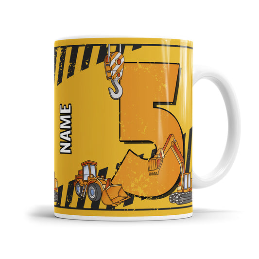 Kindergeburtstag Tasse 5.ter Motto Bagger Kran Baustelle personalisiert mit Namen Fulima