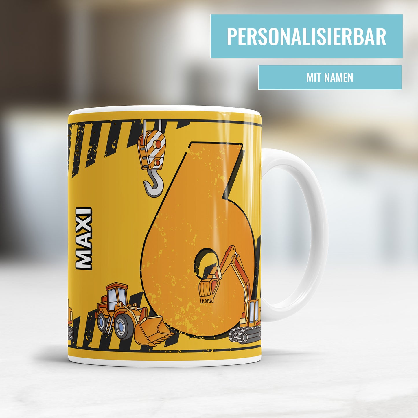 Ich bin 6 Bagger Kran Baustelle personalisiert mit Name Tasse 6. Geburtstag