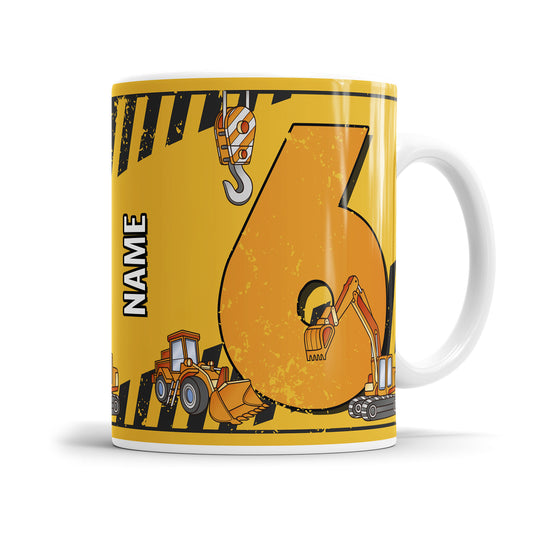 Ich bin 6 Bagger Kran Baustelle personalisiert mit Name Tasse 6. Geburtstag