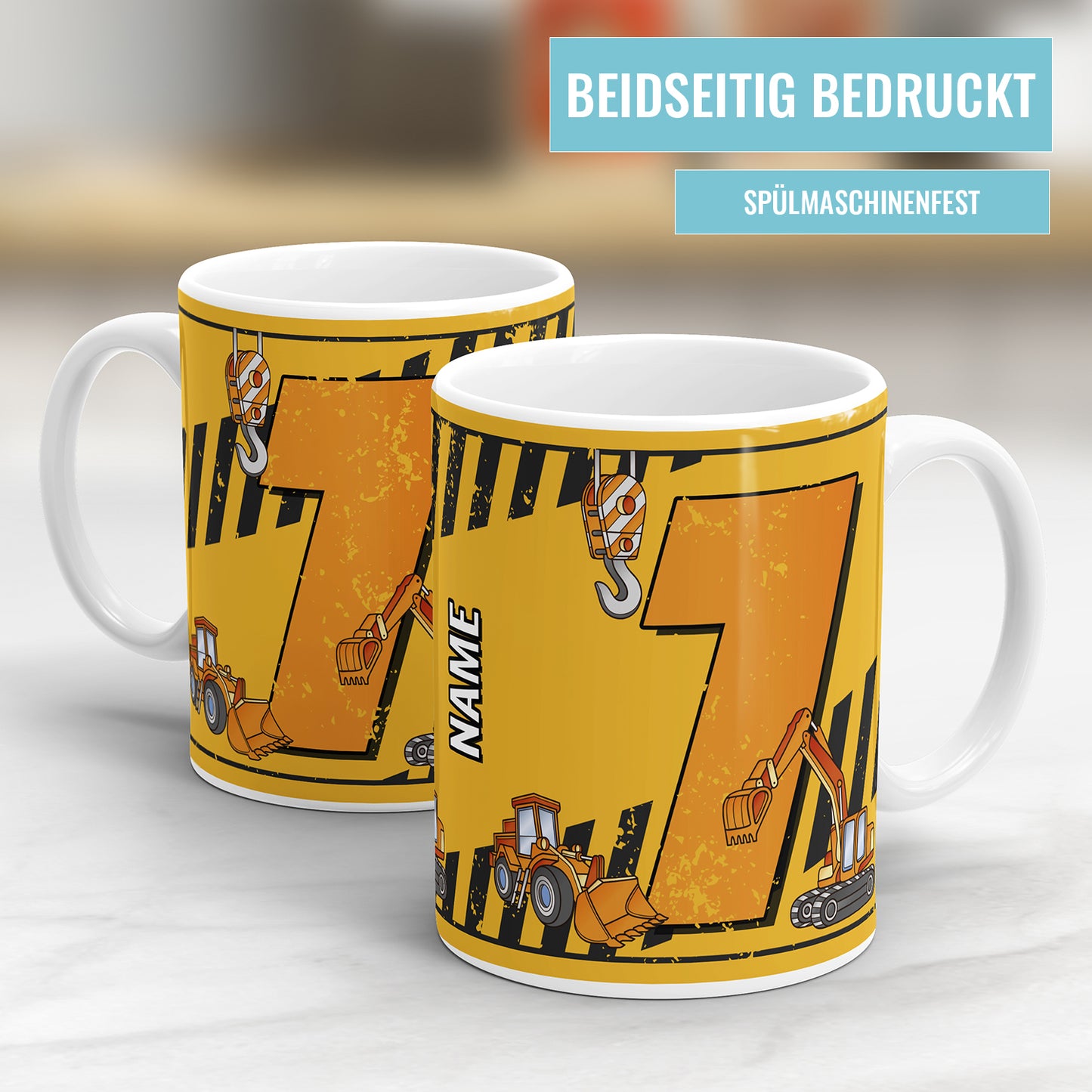 Ich bin 7 Bagger Kran Baustelle personalisiert mit Name Tasse 7. Geburtstag