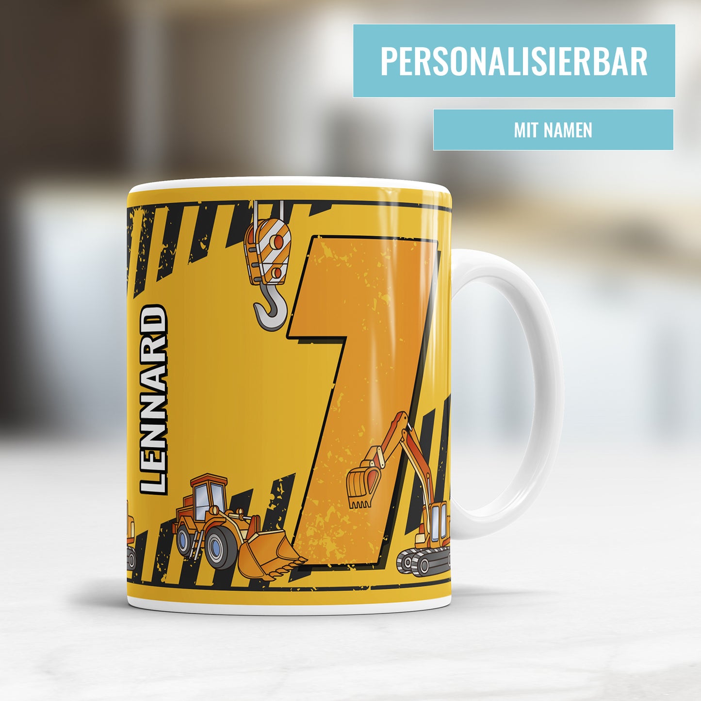Ich bin 7 Bagger Kran Baustelle personalisiert mit Name Tasse 7. Geburtstag