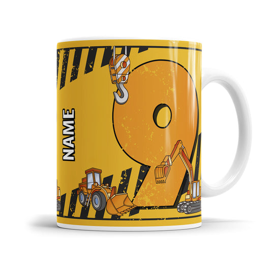 Ich bin 9 Bagger Kran Baustelle personalisiert mit Name Tasse 9. Geburtstag