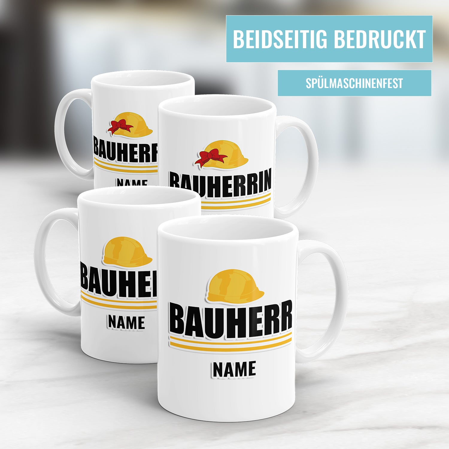 Bauherr/Bauherrin Tasse mit Schutzhelm - Personalisiert mit Namen - Geschenkidee - Fulima