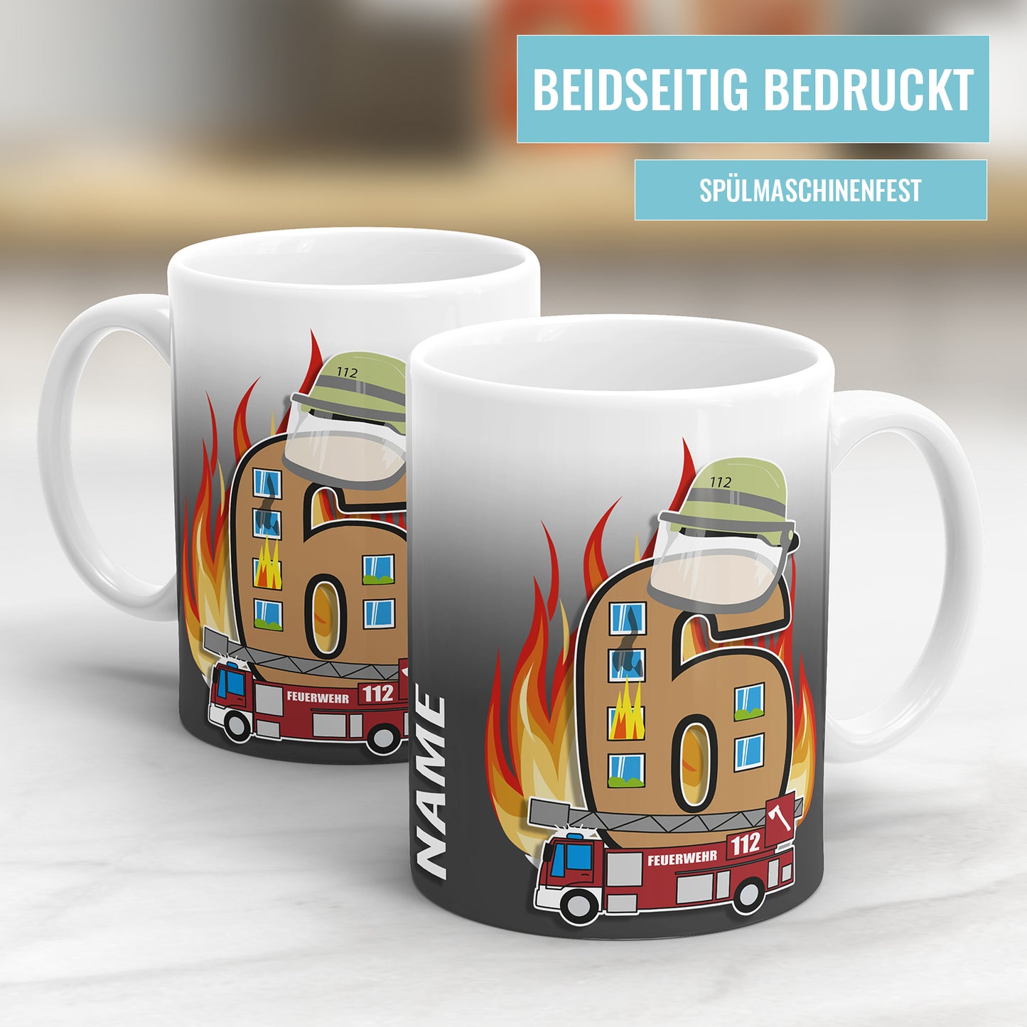 Feuerwehr Tasse zum 6. Geburtstag – Mit Namen des Geburtstagskindes - Fulima