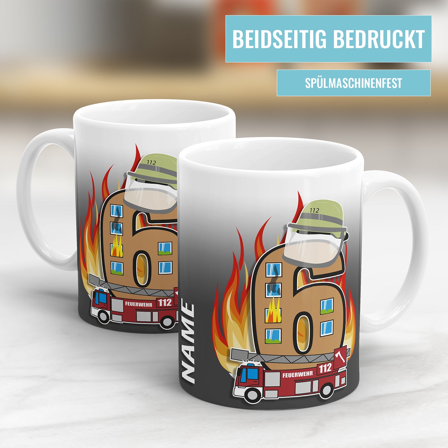 Feuerwehr Tasse zum 6. Geburtstag – Mit Namen des Geburtstagskindes - Fulima