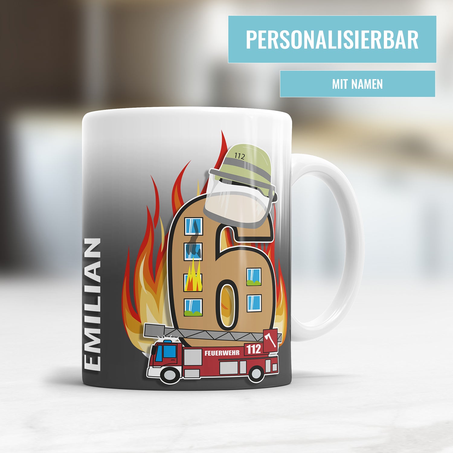 Feuerwehr Tasse zum 6. Geburtstag – Mit Namen des Geburtstagskindes - Fulima