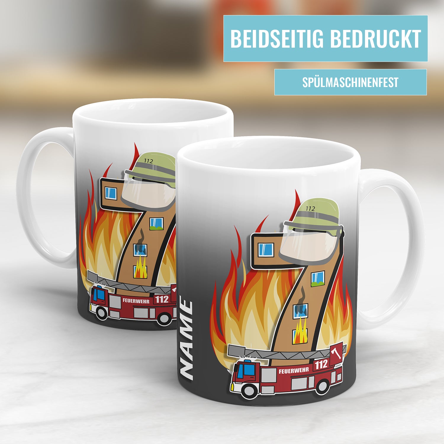 Feuerwehr Tasse zum 7. Geburtstag – Mit Namen des Geburtstagskindes - Fulima