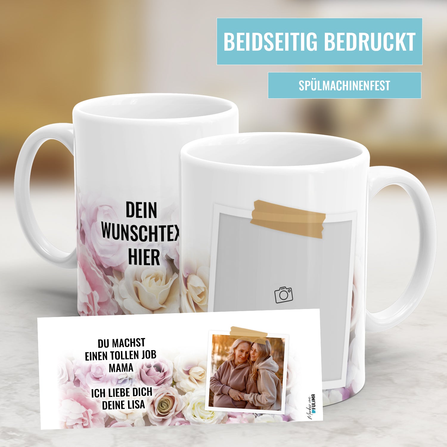 Fototasse Vorlage mit persönlichem Text Rosenmuster - Ein einzigartiges Geschenk für jeden Anlass! - Fulima