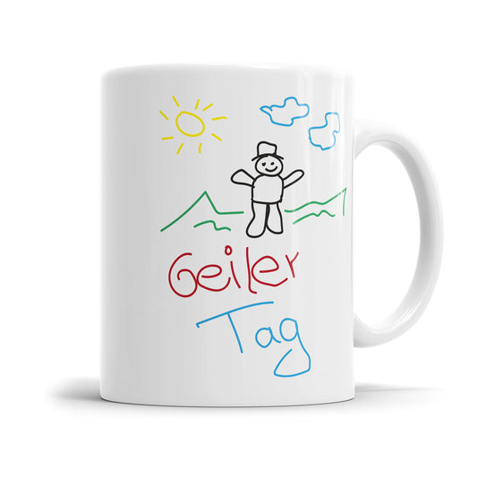 Lustige Tasse mit Spruch - Geiler Tag, Strichmännchen, Sonne & Wolken - Fulima