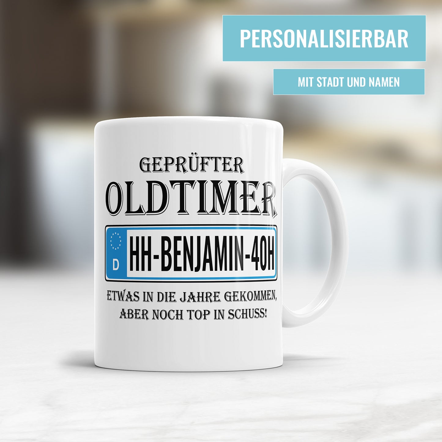 Geprüfter Oldtimer mit Kennzeichen personalisiert 40. Geburtstag Tasse