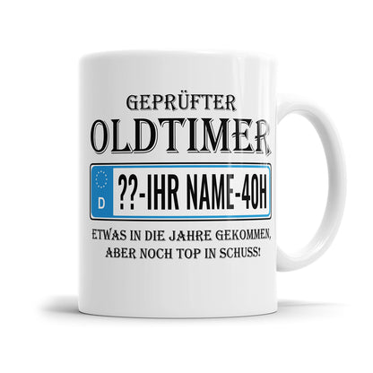 Geprüfter Oldtimer mit Kennzeichen personalisiert 40. Geburtstag Tasse Fulima