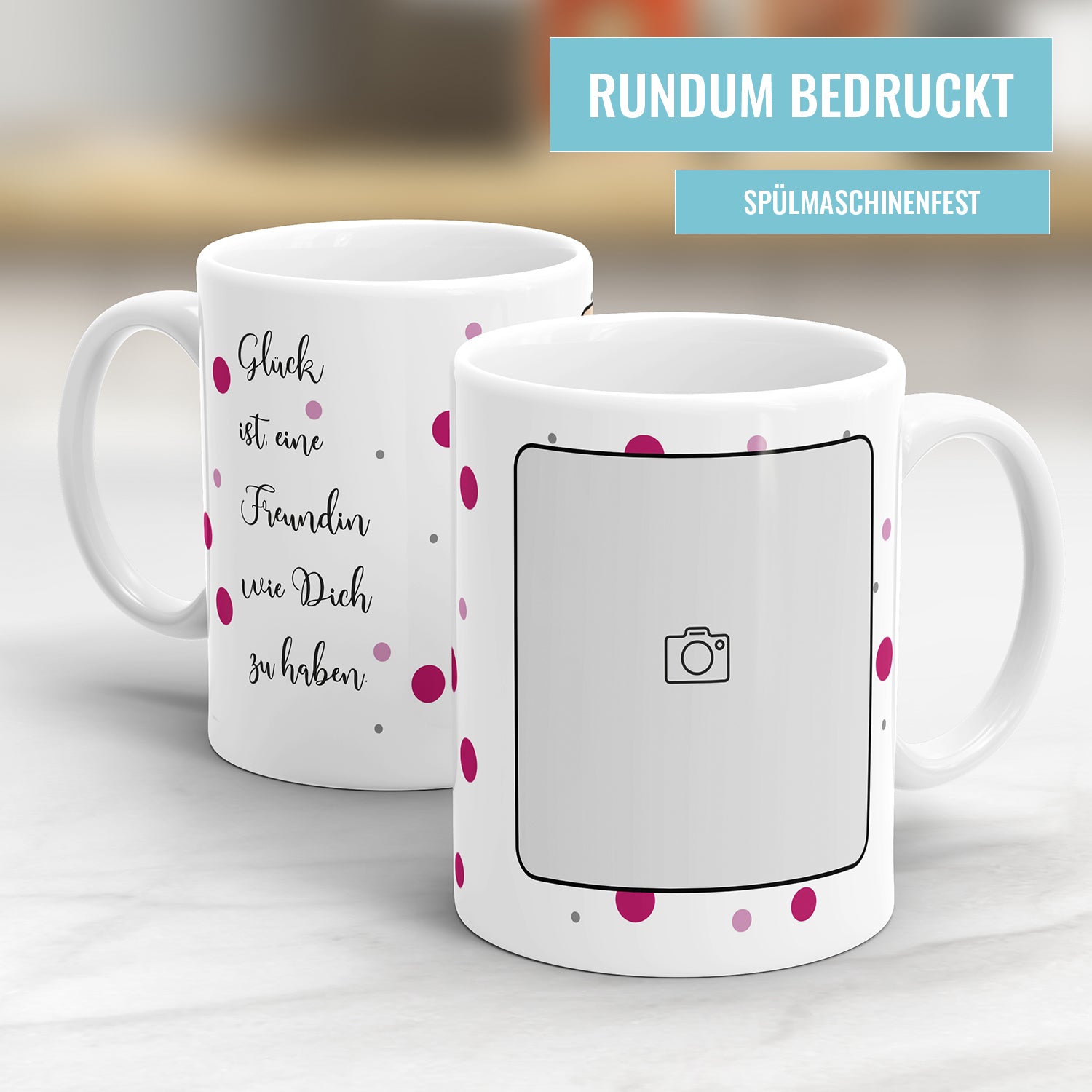 Fototasse Vorlage mit rosa Pünktchen - Ein Foto - Wunschtext - Fulima