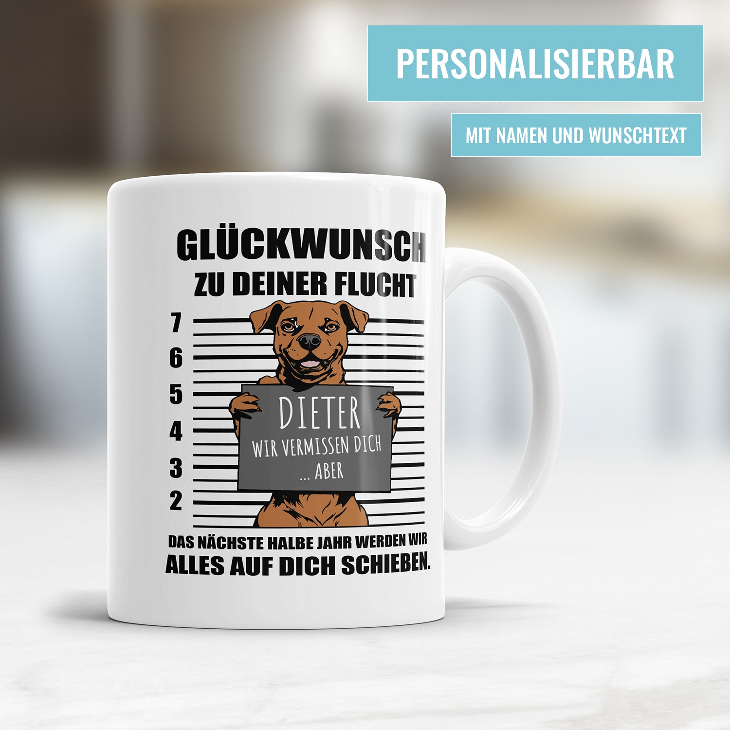 Glückwunsch zur Deiner Flucht mit Name - Sprüche Abschied Tasse Jobwechsel Fulima