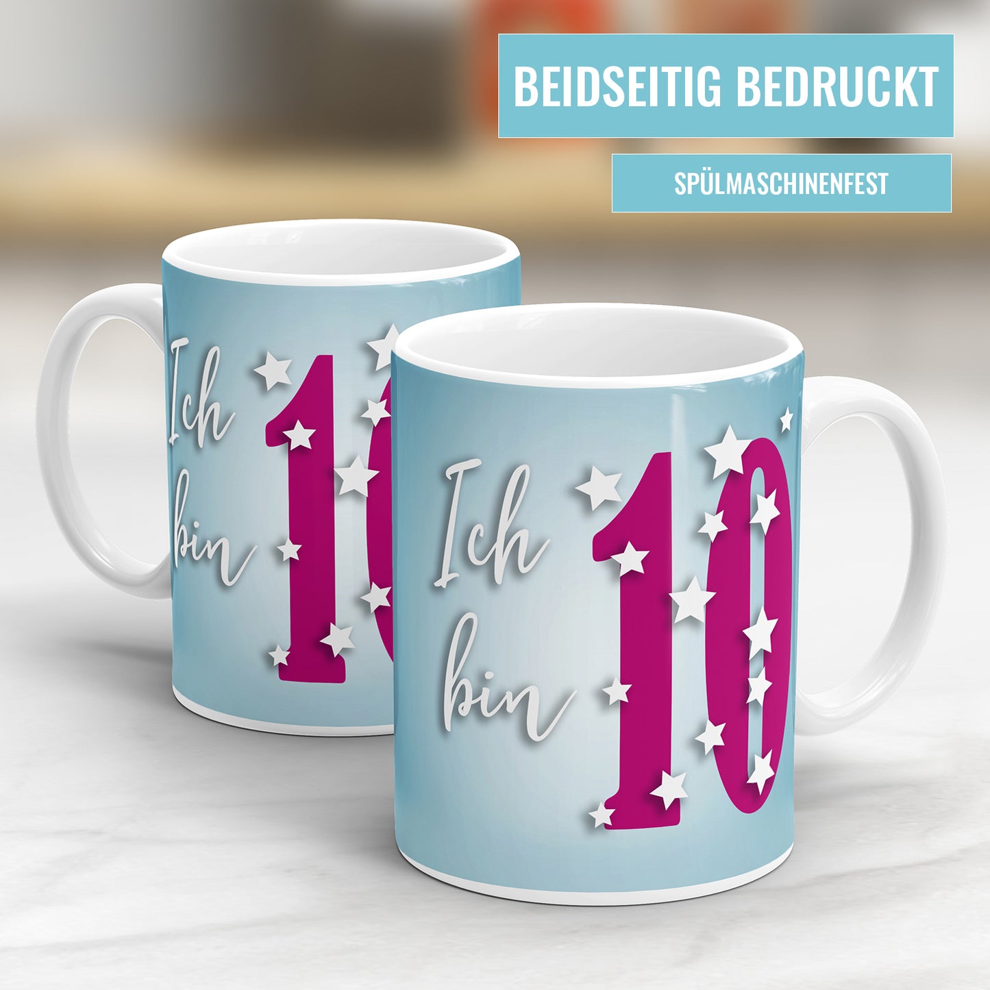 Tasse zum 10 Geburtstag Ich bin 10 Mit Sterne großer 10 in Pink Fulima