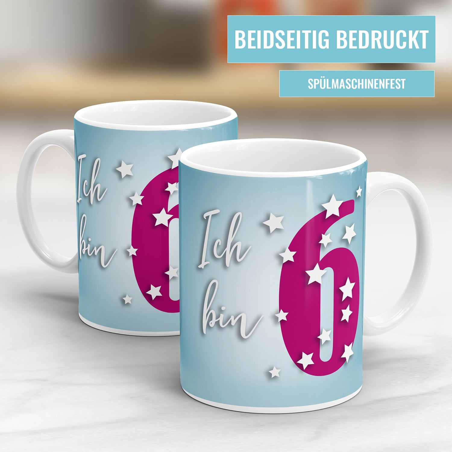 Tasse für den 6. Geburtstag – Große Pinke 6 mit Sternen - Fulima