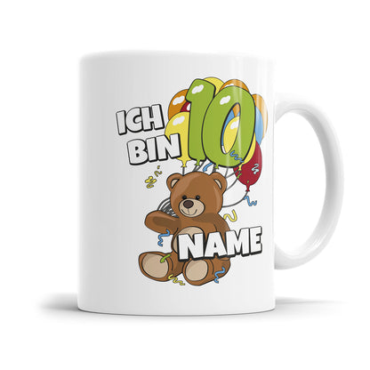 Tasse zum 10 Geburtstag Teddy mit 10 Luftballons personalisiert mit Namen Fulima