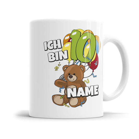 Teddy mit Luftballons Tasse zum 10. Geburtstag – Mit Namen des Geburtstagskindes - Fulima