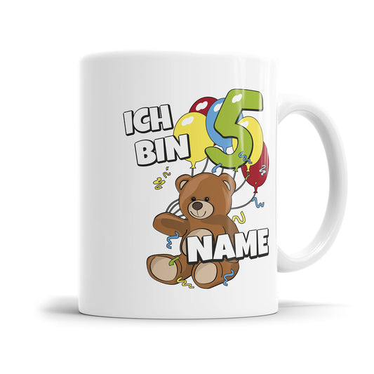 5. Geburtstag Tasse 5 Teddy mit 5 Luftballons personalisiert mit Name Fulima