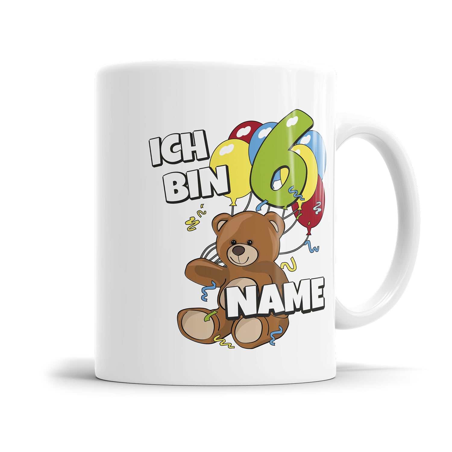Teddy mit Luftballons Tasse zum 6. Geburtstag – Mit Namen des Geburtstagskindes - Fulima