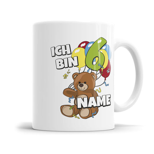 Teddy mit Luftballons Tasse zum 6. Geburtstag – Mit Namen des Geburtstagskindes - Fulima