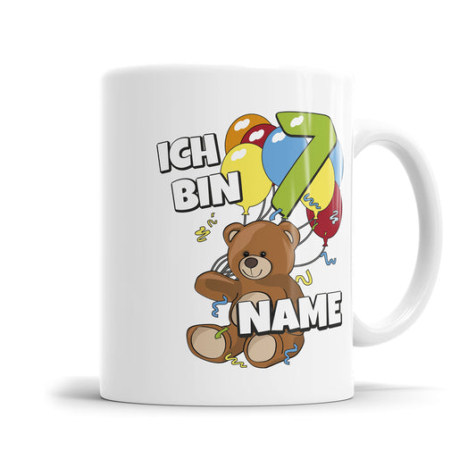 Teddy mit Luftballons Tasse zum 7. Geburtstag – Mit Namen des Geburtstagskindes - Fulima