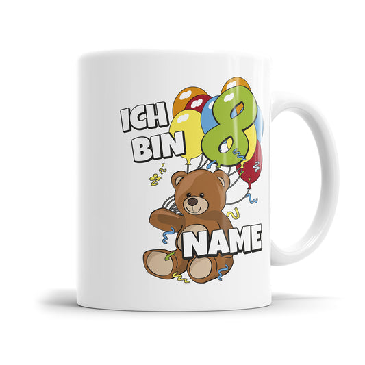 Teddy mit Luftballons Tasse zum 8. Geburtstag – Mit Namen des Geburtstagskindes - Fulima