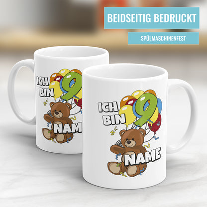 9. Geburtstag Tasse 9 Teddy mit 9 Luftballons personalisiert mit Name