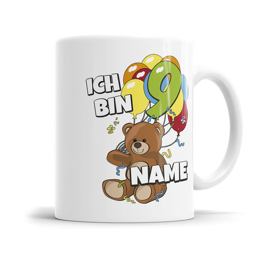 Teddy mit Luftballons Tasse zum 9. Geburtstag – Mit Namen des Geburtstagskindes - Fulima