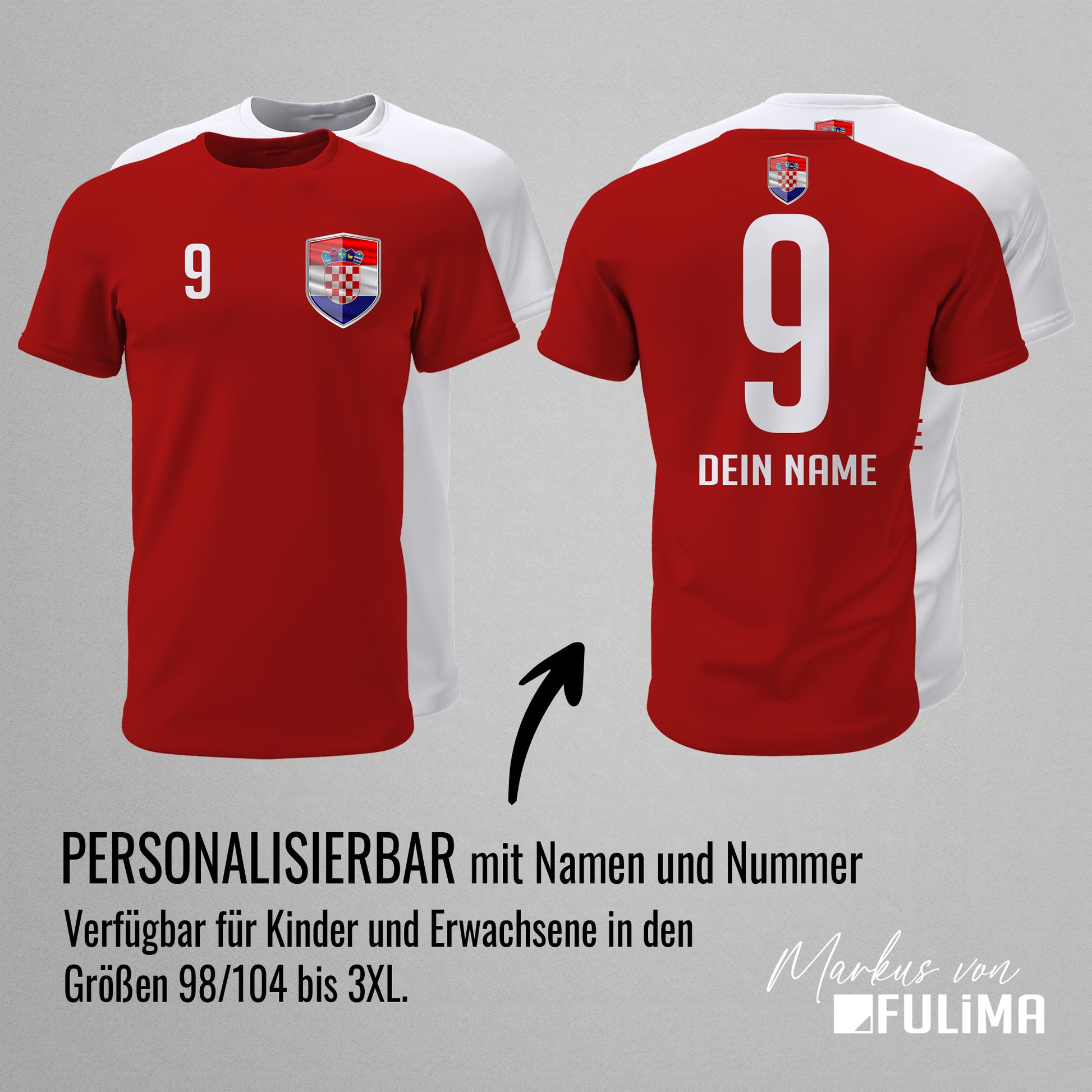 Kroatien Shirt mit Wappen und individueller Nummer & Name - FULiMA®