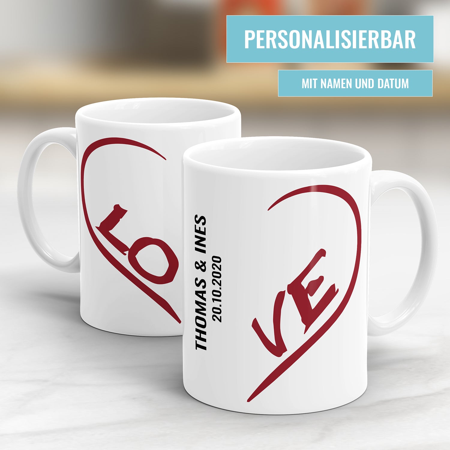 Love zwei Hälften personalisiert mit Namen und Datum 2 Tassen im Set - Fulima