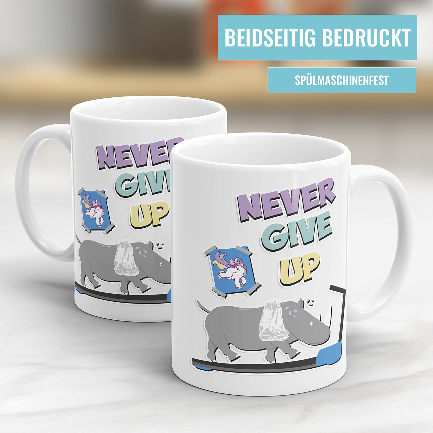 Never give up Nashorn zum Einhorn Sprüche Motivationstasse Fulima