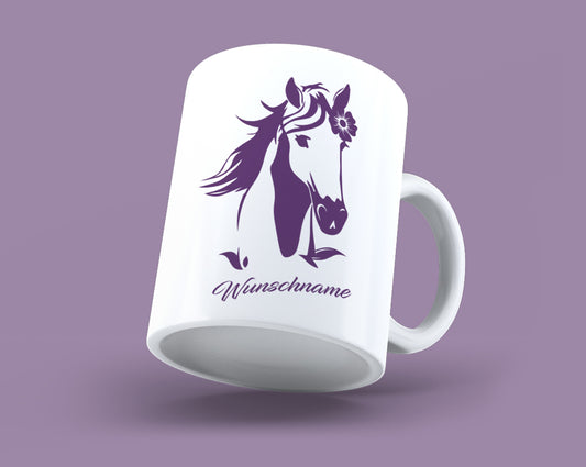 Pferdekopf Tasse mit Blumen personalisiert mit Name