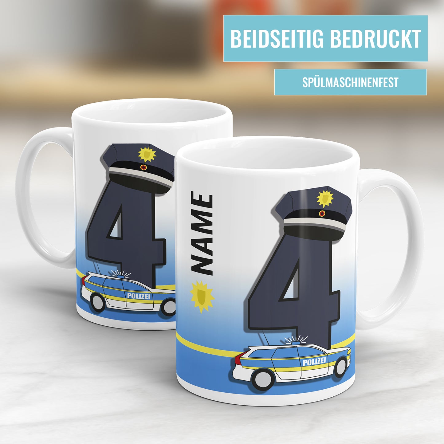 Polizei Tasse für den 4. Geburtstag – Mit Namen des Kindes - Fulima
