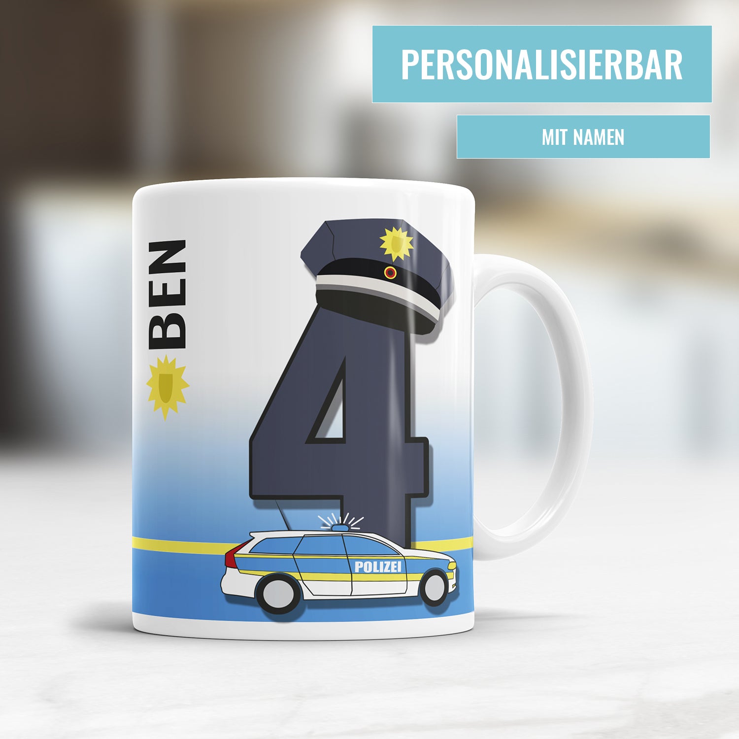 Polizei Tasse für den 4. Geburtstag – Mit Namen des Kindes - Fulima